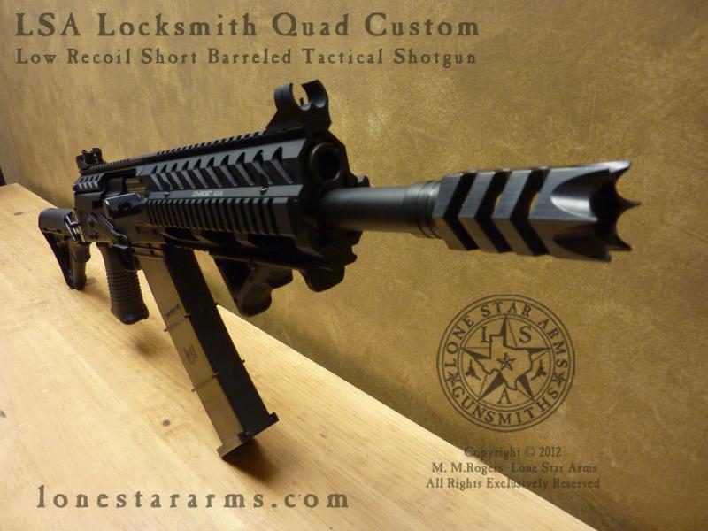 Lone Star Arms Locksmith quad custom Saiga 12, three-quarter view