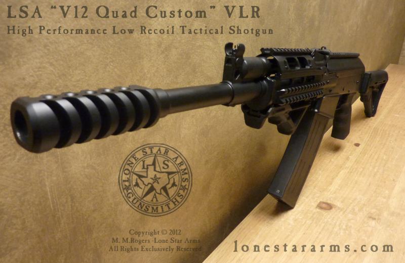 Lone Star Arms Vepr 12 quad custom very-low-recoil build, left three-quarter view