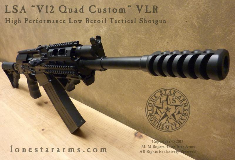 Lone Star Arms Vepr 12 quad custom very-low-recoil build, right three-quarter view