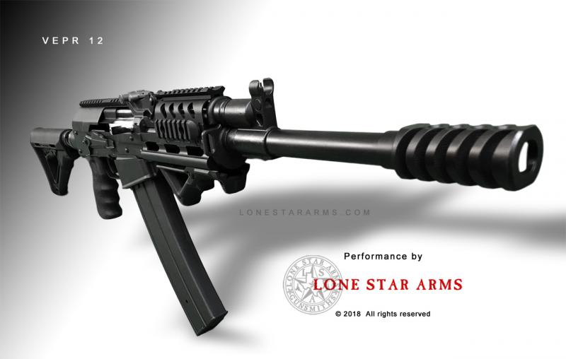 Lone Star Arms custom Vepr 12 low-recoil build, right three-quarter view